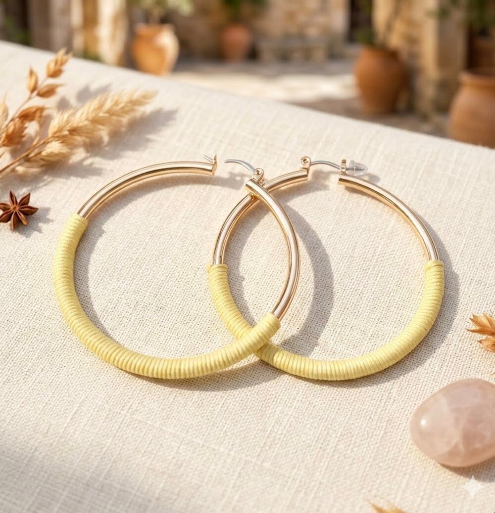 Gold Tone Large Hoop Earrings Yellow Cord Thread Wrapped